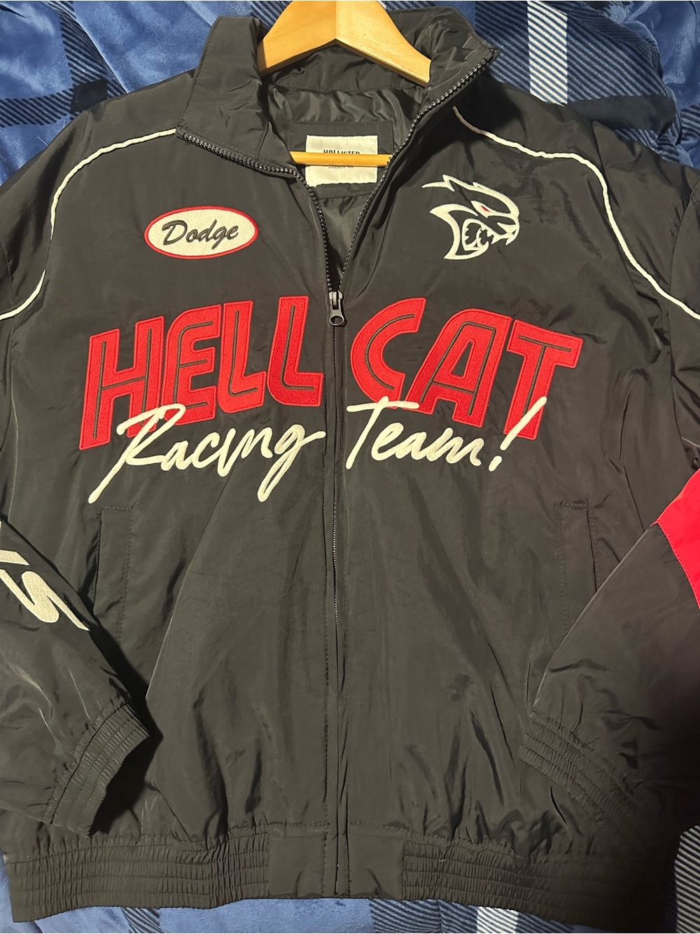 Hollister Black Racing Jacket with Red and White Graphics